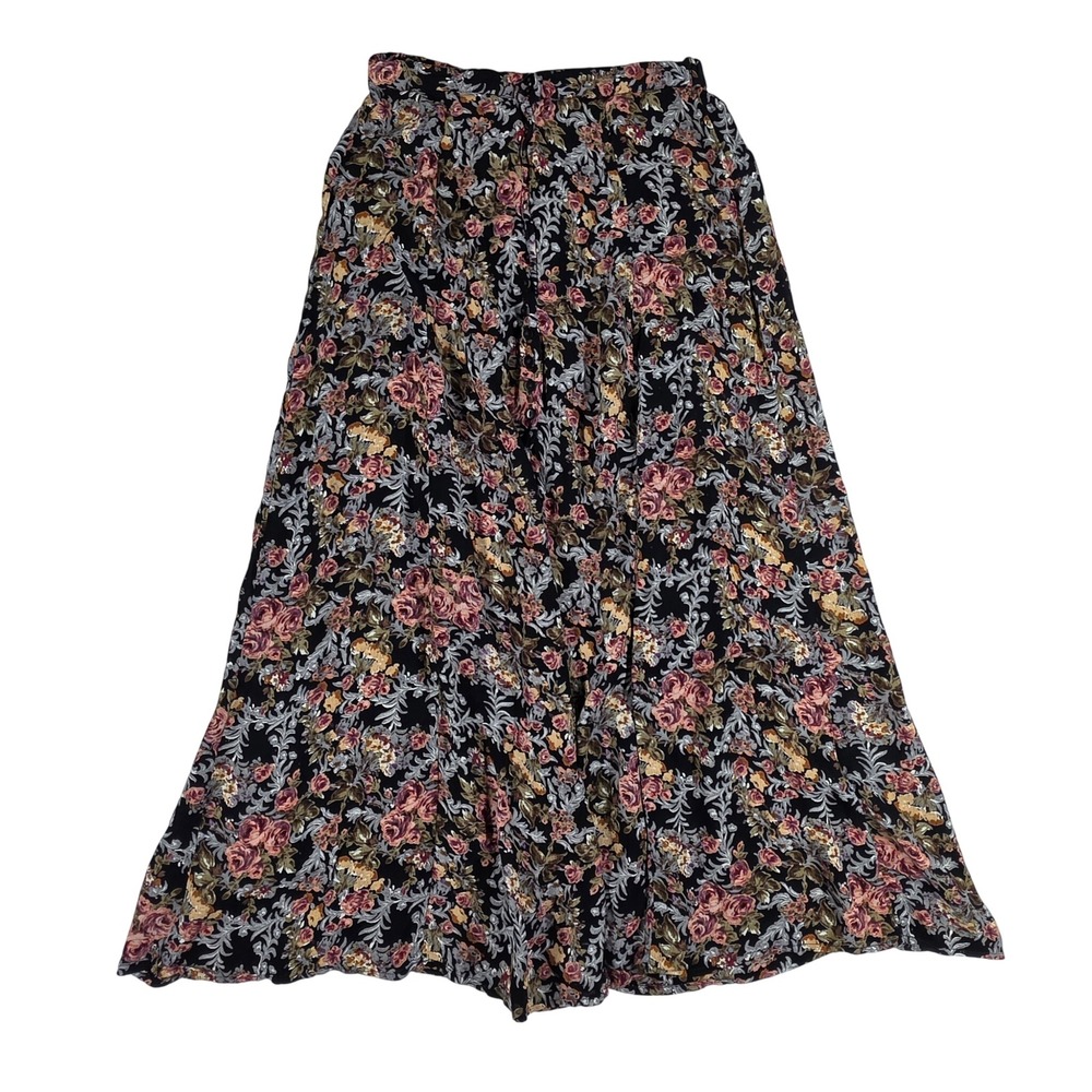 At Last & Co Floral Maxi Skirt Black Rose Button Front Rayon Vintage Medium